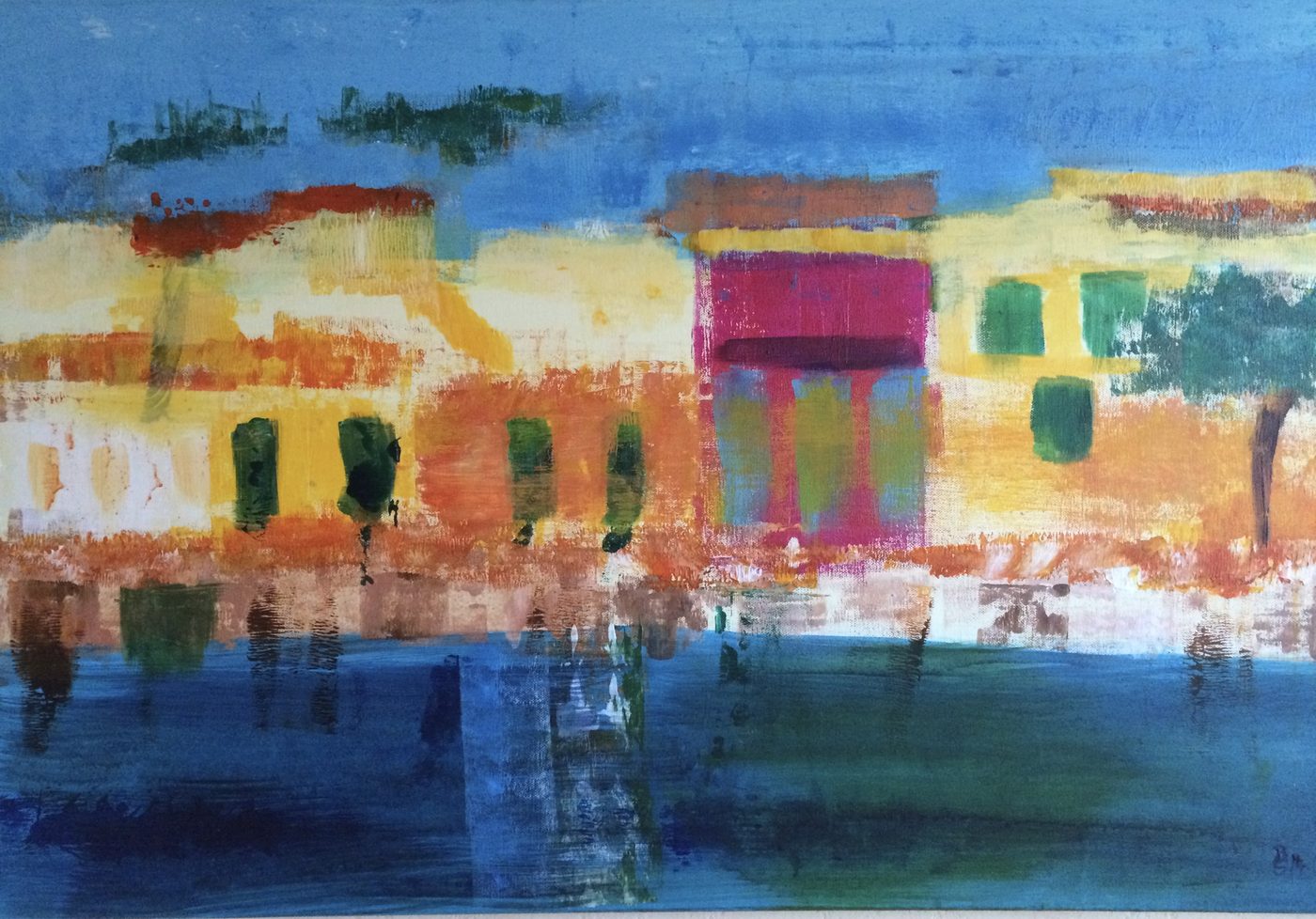 Acrylgemälde „Am Meer“ von Beate Schaefer – Stadt am Meer abstrakt dargestellt
