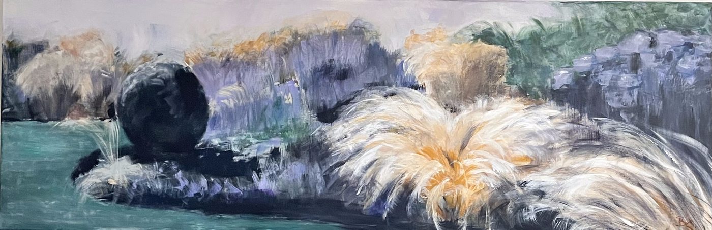 Acrylgemälde „Autumn Park“ von Beate Schaefer – Herbstlicher Park mit Grün- und Blautonen