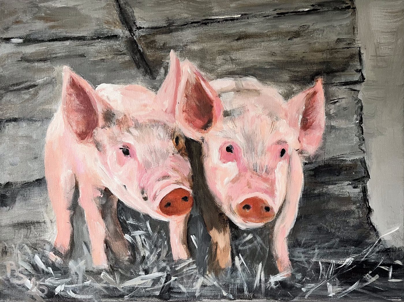 Acrylgemälde „Friends from the Start“ von Beate Schaefer – Zwei Ferkel in abstrakter Darstellung